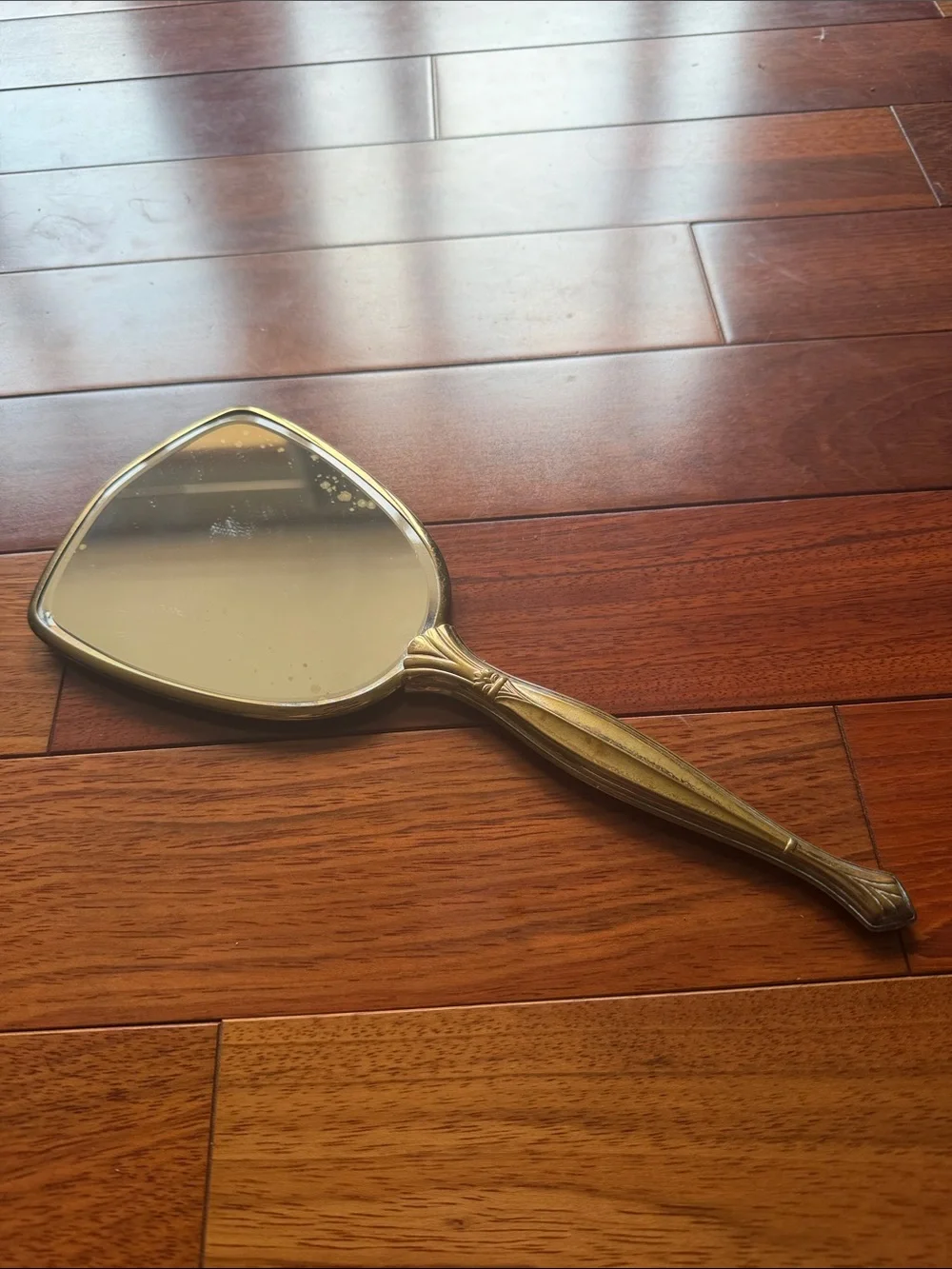 Brass Vanity Hand Mirror Ornate Floral Embossed Gold Tone Art Deco Hollywood